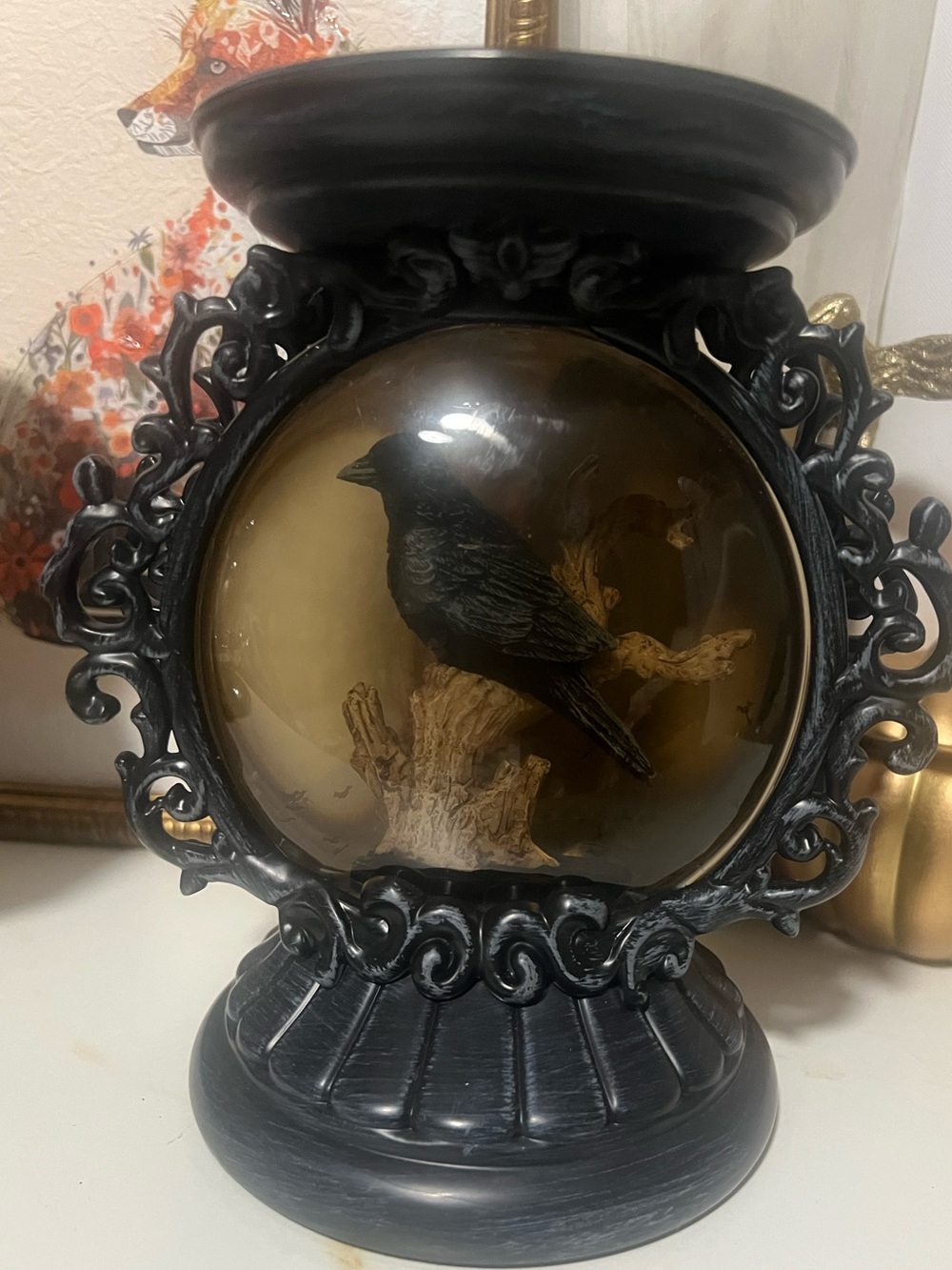 Black Decorative Crow Globe Accent - Home Accents